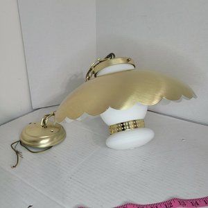 Vtg MCM ART DECO FIXTURE CEILING BRASS HANGING LIGHT MILK GLASS SHADE LAMP